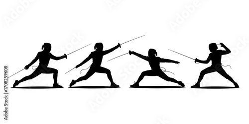 Vector illustration of fencers in action poses with swords in silhouette style
