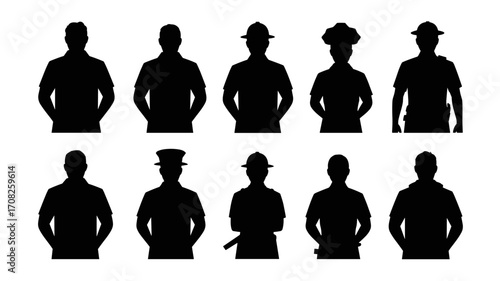 Vector illustration of different uniformed professionals in black silhouette style
