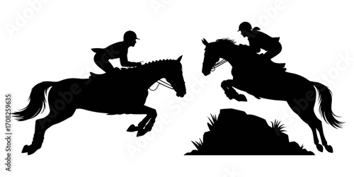 Vector illustration of horse riders jumping in silhouette style
