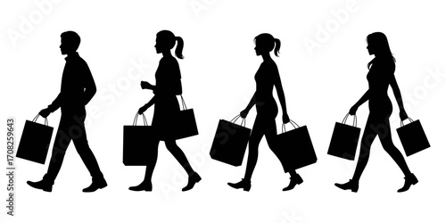 Vector illustration of people walking with shopping bags in silhouette style
