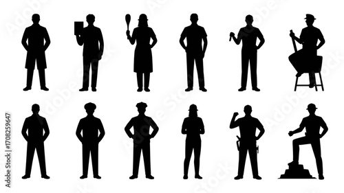 Vector silhouette illustration of various male and female professionals in different occupations
