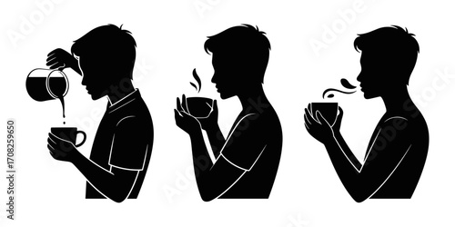 Vector illustration of man drinking coffee in black silhouette style
