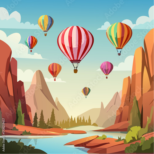 A dynamic vector scene of vibrant hot air balloons soaring over the iconic rock formations