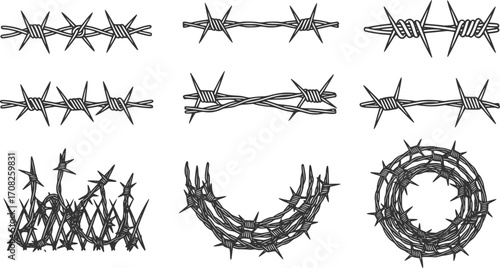 Barbed wire vector elements prickly security boundary danger protection border fence line art vector