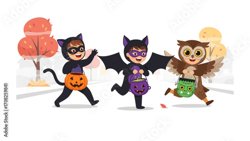 Halloween friends joy : Capturing a moment of childlike delight, three children, each in a whimsical costume and clutching treat-filled baskets, joyfully stride down a sun-dappled lane.