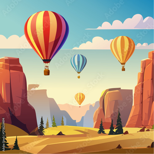 A dynamic vector scene of vibrant hot air balloons soaring over the iconic rock formations