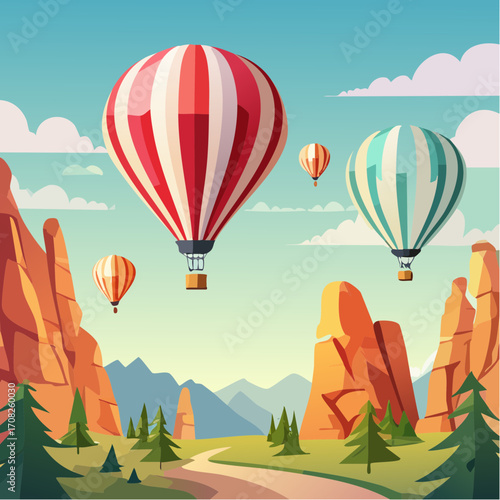 A dynamic vector scene of vibrant hot air balloons soaring over the iconic rock formations