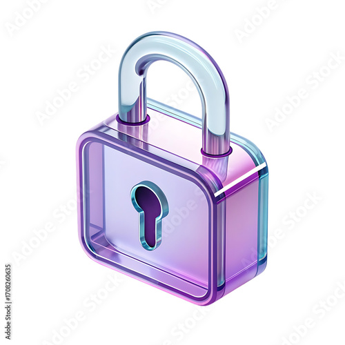 Isometric lock with translucent iridescent effect design white background, isolated on transparent background