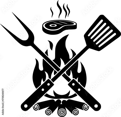 Barbecue grill utensils flames crossed firewood cooking food outdoors summer vector