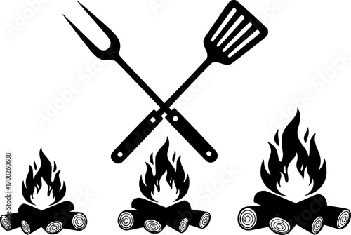 Barbecue grill utensils flames crossed firewood cooking food outdoors summer vector
