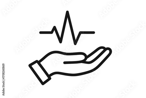 Hand holding heartbeat line icon. Health care, medical support, and life insurance concept. Cardiogram pulse symbol for charity, donation, and cardiology services vector logo.