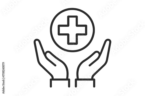 Health care concept. Medical cross in open hands. Health insurance symbol. Medicine and pharmacy icon. Charity, help, and support sign. Vector outline illustration.