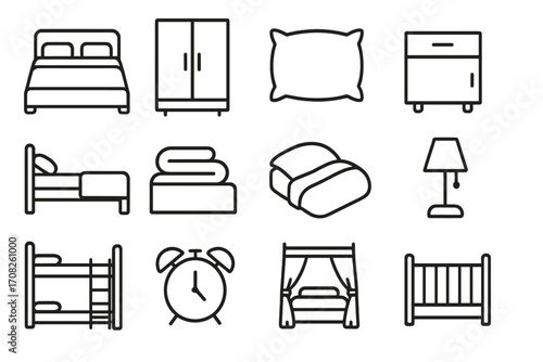 Bedroom furniture thin line icon set. Sleep symbols collection. Home interior design elements. Bed, wardrobe, pillow, lamp, crib. Vector outline pictogram for web, app, ui, ux.