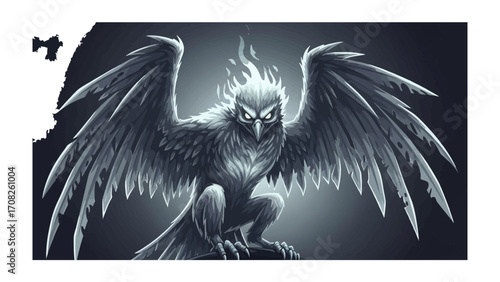 Inferno Raven Illustration: This illustration depicts a majestic raven, its wings outstretched against a dramatic backdrop, flames are visible on its head .