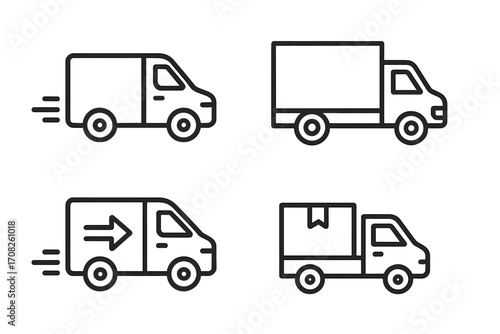 Delivery truck van line icon set. Fast shipping express delivery service. Logistics transport concept. Commercial cargo freight. Package moving symbol. Editable stroke vector.