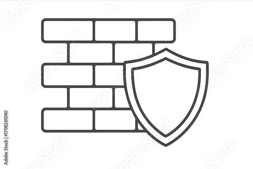 Firewall security icon concept. Brick wall and shield symbol of protection, safety, and defense. Metaphor for data privacy, cybersecurity, and network guard. Vector line art.