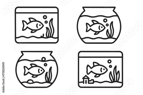 Aquarium and fishbowl line icon set. Pet fish concept. Goldfish in water with plant, bubbles and castle. Minimal linear pictogram for web, app, graphic design. Vector animal illustration.