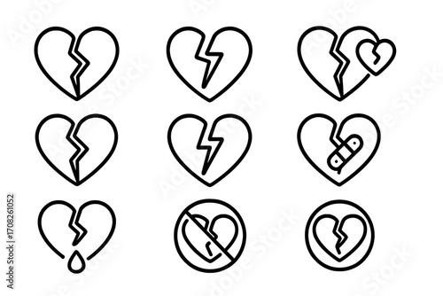 Broken heart line icon set. Heartbreak, breakup, divorce concept. Sadness, grief, relationship problem symbol. Love, pain, emotion vector outline signs for web, app design.