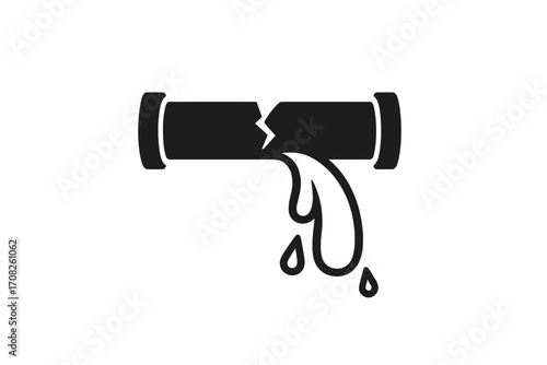 Broken pipe water leak icon. Plumbing problem symbol. Burst pipe and dripping water. Emergency pipeline damage vector illustration. Leakage and repair concept for web.