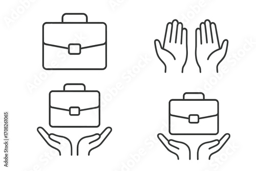 Business portfolio icon set. Job offer, work protection, and business support concepts. Briefcase in open hands linear icons. Editable stroke vector illustration for web and apps.