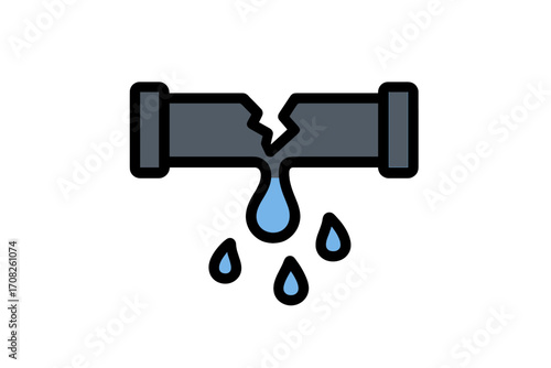 Broken pipe with water leak cartoon icon. Vector illustration of a plumbing problem, burst pipeline, dripping water from a damaged tube. Concept for emergency repair service.