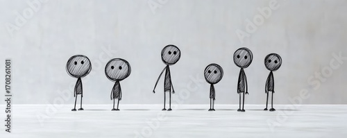 Minimalistic stick figures standing apart outdoors.