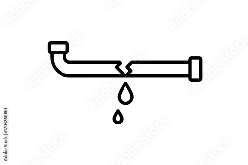 Broken pipe water leak vector icon. Plumbing problem, burst pipeline, water damage concept. Home repair emergency symbol. Dripping tube, leakage, accident line art illustration.