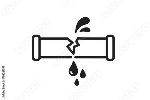 Broken pipe water leak icon. Plumbing service, emergency repair and water damage concept. Burst pipeline symbol for web, apps and print. Vector outline illustration.