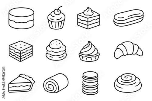 Dessert pastry outline icon set. Sweet food vector collection cake, cupcake, pie, croissant, eclair, cinnamon roll. Bakery cafe line art symbols. Editable stroke.