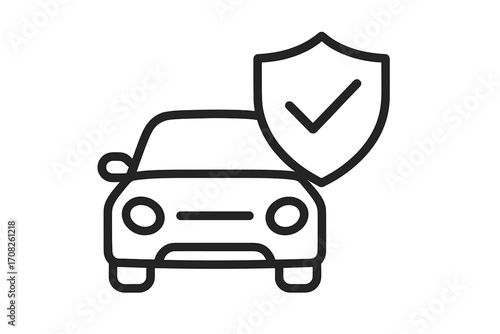 Car insurance concept vector icon. Auto protection and vehicle security symbol. Shield with checkmark for safety, warranty and guarantee. Modern outline illustration for web, app.