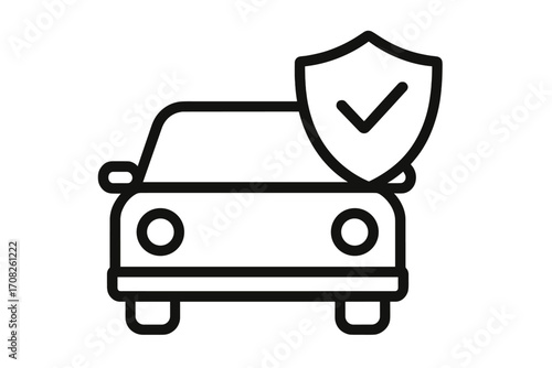 Car insurance icon. Auto protection and vehicle safety concept. Shield with check mark for warranty and security. Approved automobile service. Vector line art illustration.