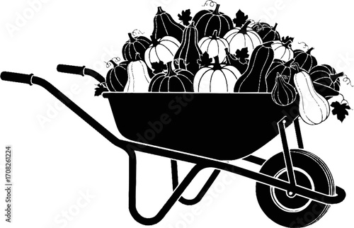 Autumn harvest wheelbarrow overflowing with pumpkins and gourds seasonal farm produce vector