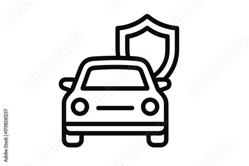 Car insurance icon concept. Auto protection and safety symbol. Vehicle security and guarantee sign. Shield and car vector illustration for web, app, and design. Modern outline style.
