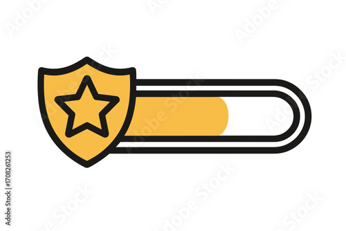 Game level up badge with star shield. Progress bar icon for experience points. Achievement unlocked vector symbol. Loading or rating status. Award, rank, or score indicator.