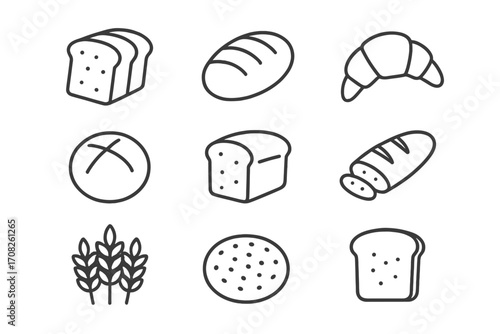 Bread and bakery line icon set. Vector collection of minimalist pictograms like toast, loaf, croissant, baguette, bun, and wheat. Outline symbols for web, apps, and food design.