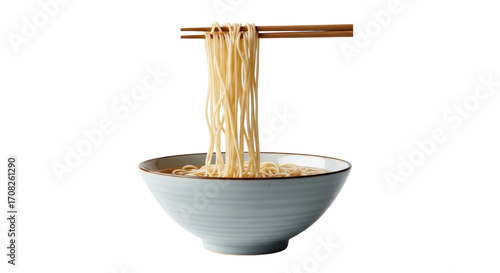 Isolated tasty bowl of ramen noodles held up in the air by chopsticks ready to eat