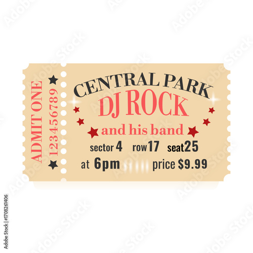 Ticket design template, admit one, retro style, vector illustration, red, black colors. Tickets for a show, festival, concert, events, cinema, movie, film, and others. 