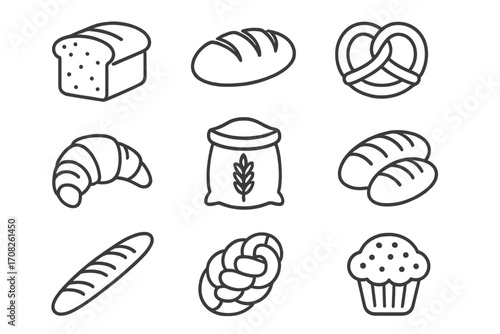 Bakery and bread line icon set. Vector outline pictograms: loaf, baguette, croissant, pretzel, muffin, challah. Symbols for baking, pastry, flour, wheat, food, menu.