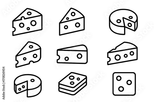 Cheese line icon set. Vector collection of dairy food symbols. Minimalistic linear pictograms for web and graphic design. Cheddar, swiss, parmesan, mozzarella slice and wheel.