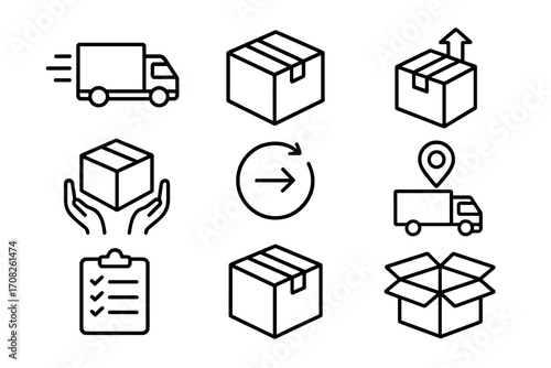 Delivery line icon set. Shipping, logistics, and tracking symbols. Vector outline pictograms for web and apps. Includes truck, box, parcel, and checklist for cargo services.