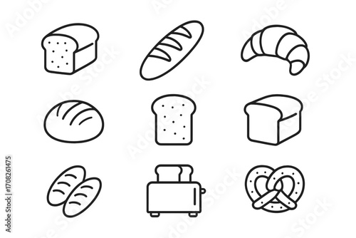 Bakery and bread line icon set with editable stroke. Loaf, toast, croissant, pretzel, baguette vector symbols. For baker's shop, cafe menu, food app, and cooking website.