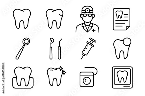 Dentistry line icon set. Dental care outline symbols. Stomatology collection for clinic. Tooth, dentist, caries, filling, floss, syringe, x-ray, tools. Oral hygiene vector signs.