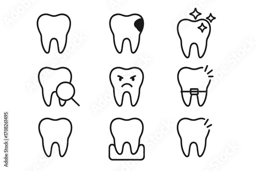 Tooth icon collection for dental care and dentistry. Set of line icons including healthy tooth, cavity, braces, checkup, pain and cleaning. Vector for web and graphic design.