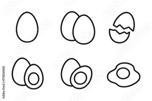 Eggs outline icon collection. Editable stroke vector cartoon illustration. Set of simple food symbols like fried egg, boiled, broken shell, perfect for infographics and design.