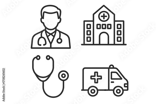 Medical and healthcare line icon set. Vector symbols for web and apps. Doctor, hospital, ambulance, stethoscope icons. Emergency, medicine, and clinic concepts illustration.