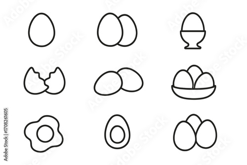 Eggs outline icon set. Editable stroke vector line art. Breakfast food concept with fried, boiled, broken egg. Nutrition and protein symbols for cooking. Simple minimal design.