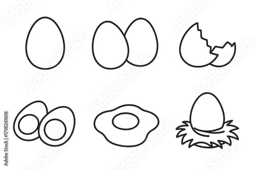 Eggs outline icon collection. Vector line art food symbols. Fried, boiled, broken shell, nest. For breakfast menu, farm, cooking concepts. Editable stroke for design.