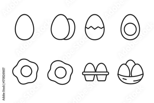 Egg icon collection outline set. Fried, boiled, and cracked eggs. Egg in carton and basket. Breakfast food vector line art. Simple food symbol for infographics. Editable stroke.