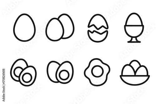 Egg icon set. Outline collection of breakfast food symbols. Vector line art of fried egg, boiled, cracked shell, and eggcup. Minimalist cooking illustration. Editable stroke.