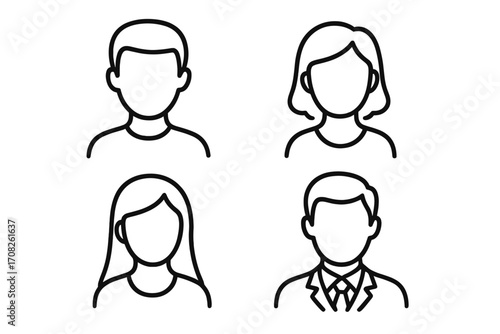 Set of faceless people icons. Anonymous man and woman user profile avatar collection. Simple outline character bust for web, app, or business. Vector graphic illustration.
